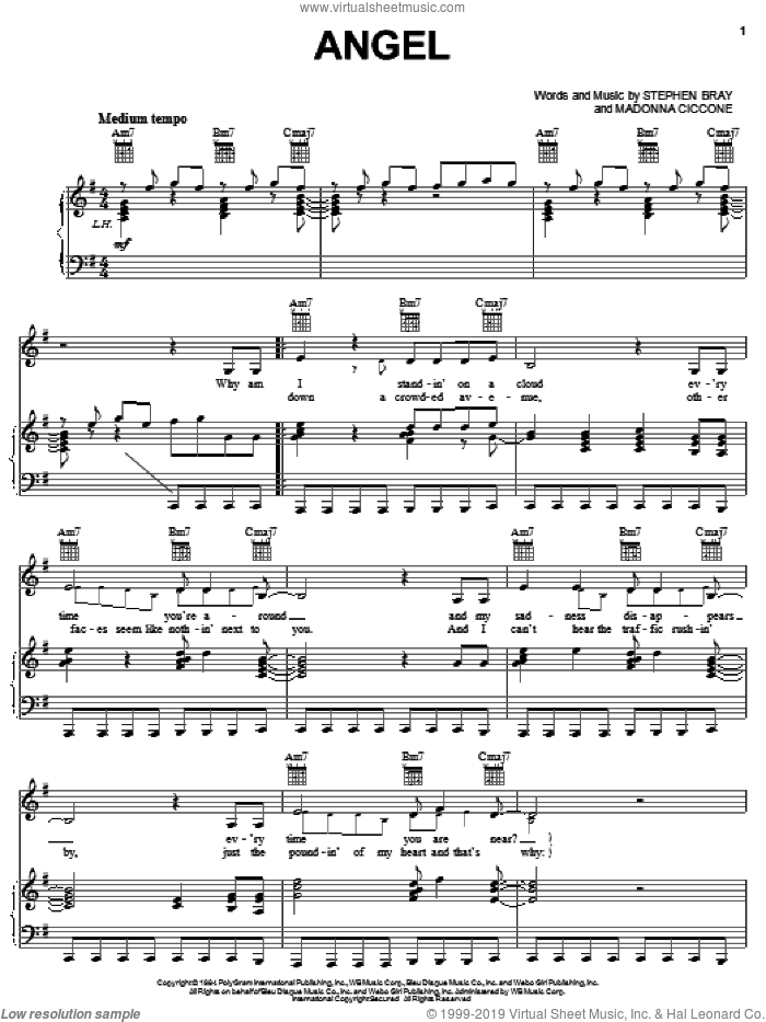 Angel sheet music for voice, piano or guitar by Madonna and Stephen Bray, intermediate skill level