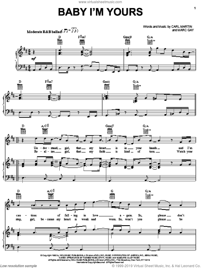 Baby I'm Yours sheet music for voice, piano or guitar by Shai, Carl Martin and Marc Gay, intermediate skill level