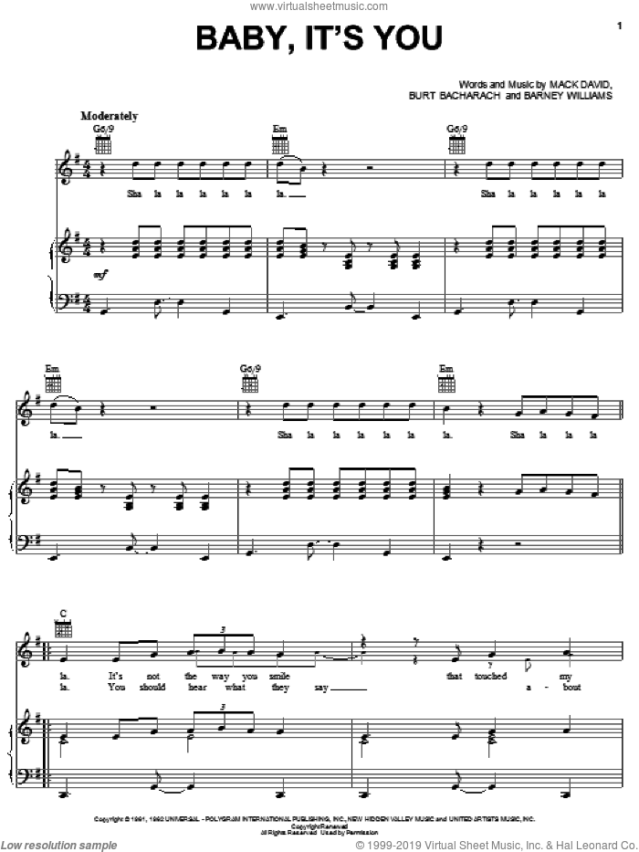 Baby, It's You sheet music for voice, piano or guitar by The Beatles, The Shirelles, Barney Williams, Burt Bacharach and Mack David, intermediate skill level