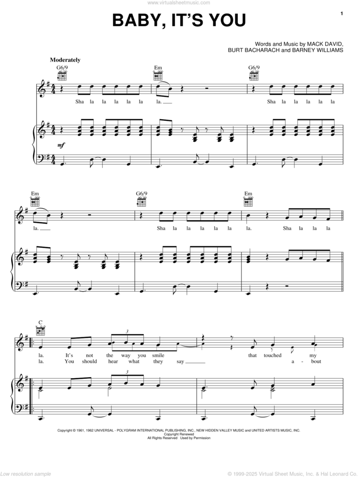 Baby, It's You sheet music for voice, piano or guitar by The Beatles, The Shirelles, Barney Williams, Burt Bacharach and Mack David, intermediate skill level