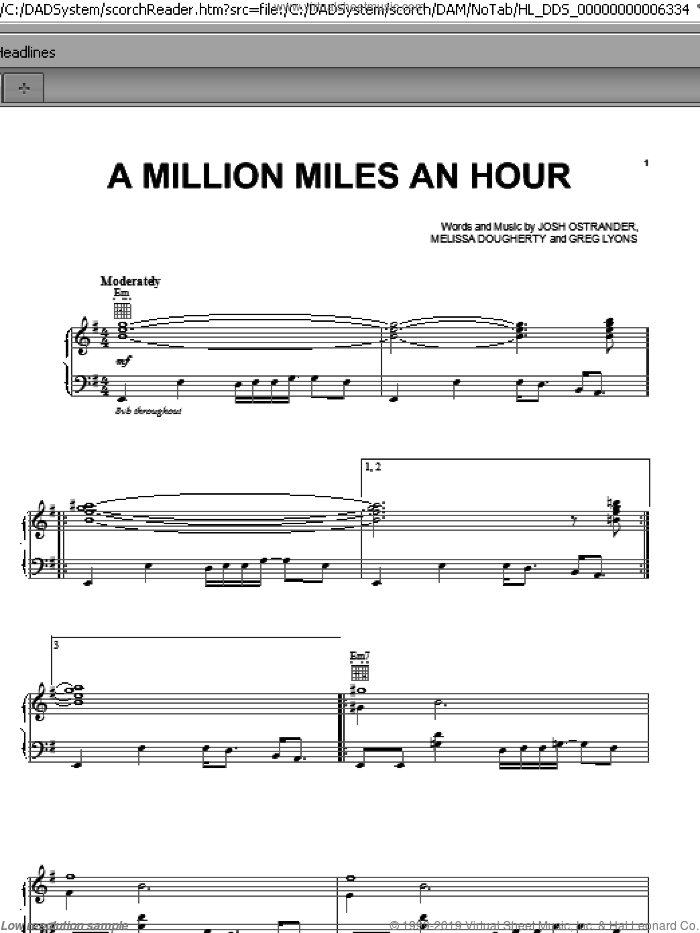A Million Miles An Hour sheet music for voice, piano or guitar by Eastern Conference Champions, Greg Lyons, Joshua Ostrander and Melissa Dougherty, intermediate skill level