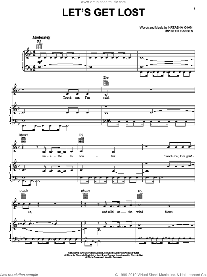 Let's Get Lost sheet music for voice, piano or guitar by Beck & Bat For Lashes, Beck Hansen and Natasha Khan, intermediate skill level
