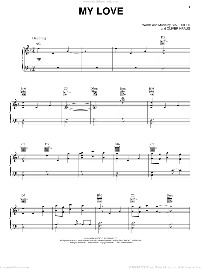 My Love sheet music for voice, piano or guitar by Sia, Oliver Kraus and Sia Furler, intermediate skill level