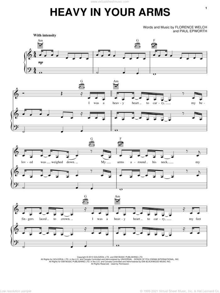 Heavy In Your Arms sheet music for voice, piano or guitar by Florence And The Machine, Florence Welch and Paul Epworth, intermediate skill level