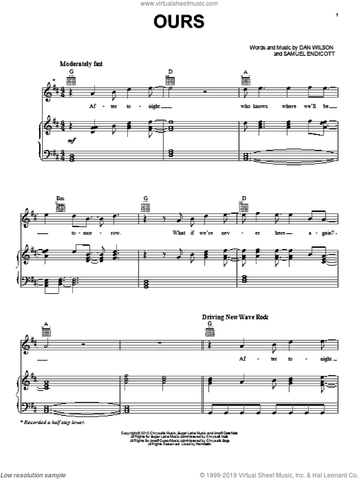 Ours sheet music for voice, piano or guitar by The Bravery, Dan Wilson and Samuel Endicott, intermediate skill level