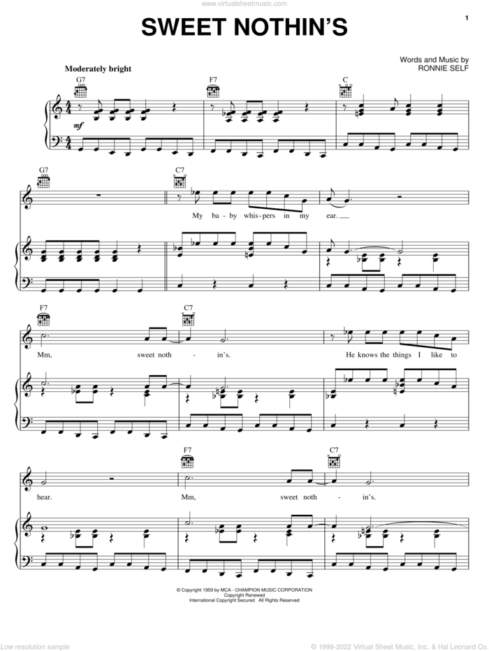 Sweet Nothin's sheet music for voice, piano or guitar by Brenda Lee, The Searchers and Ronnie Self, intermediate skill level