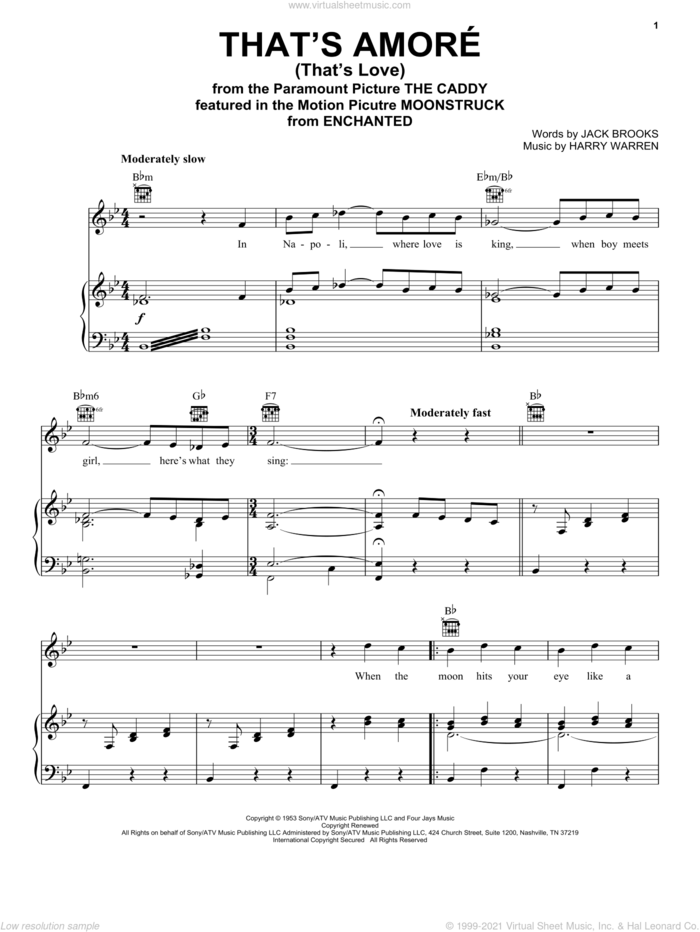 That's Amore (That's Love) sheet music for voice, piano or guitar by Dean Martin, Enchanted (Movie), Harry Warren and Jack Brooks, wedding score, intermediate skill level