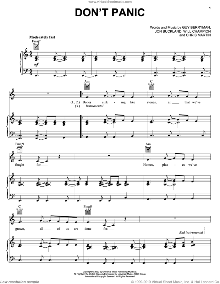 Don't Panic sheet music for voice, piano or guitar by Coldplay, Garden State (Movie), Chris Martin, Guy Berryman, Jon Buckland and Will Champion, intermediate skill level