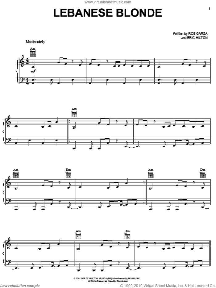 Lebanese Blonde sheet music for voice, piano or guitar by Thievery Corporation, Garden State (Movie), Eric Hilton and Rob Garza, intermediate skill level