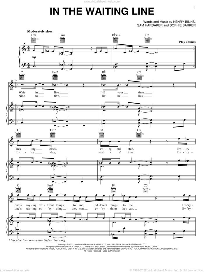 In The Waiting Line sheet music for voice, piano or guitar by Zero 7, Garden State (Movie), Henry Binns, Sam Hardaker and Sophie Barker, intermediate skill level