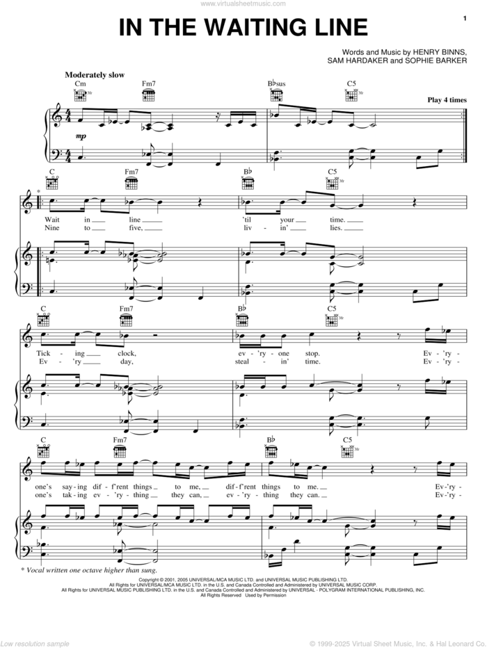 In The Waiting Line sheet music for voice, piano or guitar by Zero 7, Garden State (Movie), Henry Binns, Sam Hardaker and Sophie Barker, intermediate skill level