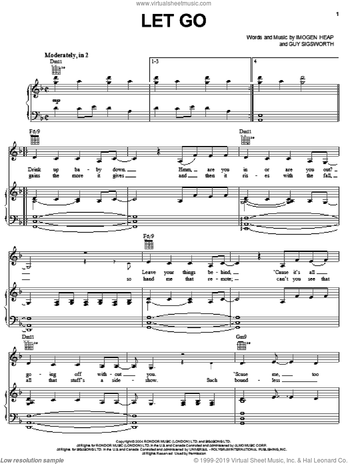 Let Go sheet music for voice, piano or guitar by Frou Frou, Garden State (Movie), Guy Sigsworth and Imogen Heap, intermediate skill level