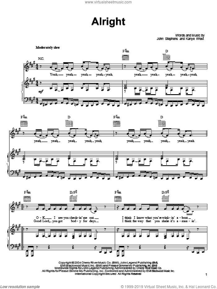 Alright sheet music for voice, piano or guitar by John Legend, John Stephens and Kanye West, intermediate skill level
