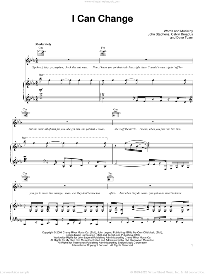 I Can Change sheet music for voice, piano or guitar by John Legend, Calvin Broadus, Dave Tozer and John Stephens, intermediate skill level