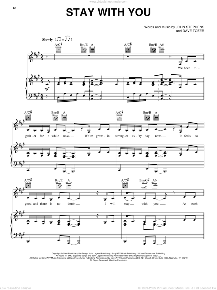 Stay With You sheet music for voice, piano or guitar by John Legend, Dave Tozer and John Stephens, intermediate skill level