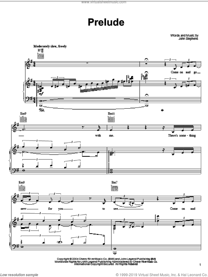 Prelude sheet music for voice, piano or guitar by John Legend and John Stephens, intermediate skill level
