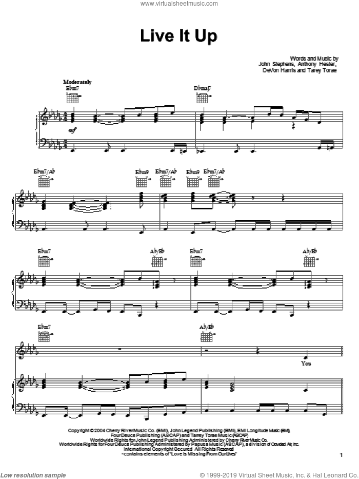 Live It Up sheet music for voice, piano or guitar by John Legend, Anthony Hester, DeVon Harris, John Stephens and Tarey Torae, intermediate skill level