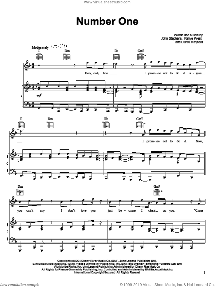 Number One sheet music for voice, piano or guitar by John Legend, Curtis Mayfield, John Stephens and Kanye West, intermediate skill level