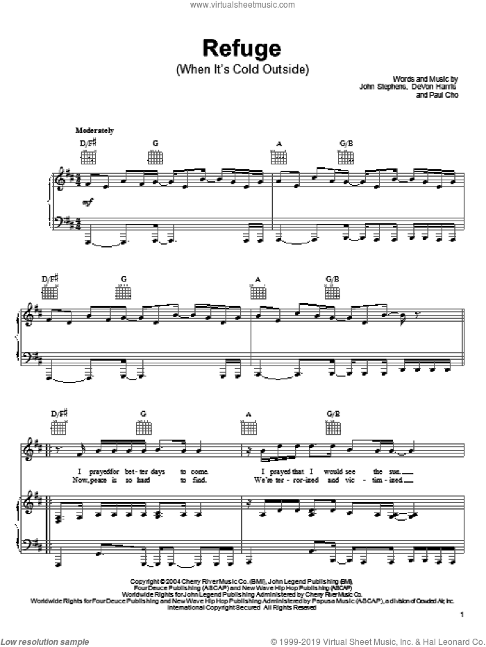 Refuge (When It's Cold Outside) sheet music for voice, piano or guitar by John Legend, DeVon Harris, John Stephens and Paul Cho, intermediate skill level