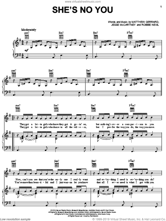 She's No You sheet music for voice, piano or guitar by Jesse McCartney, Hannah Montana, Matthew Gerrard and Robbie Nevil, intermediate skill level