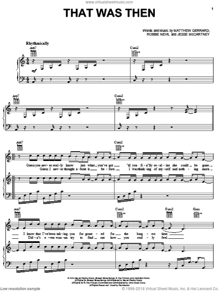 That Was Then sheet music for voice, piano or guitar by Jesse McCartney, Matthew Gerrard and Robbie Nevil, intermediate skill level