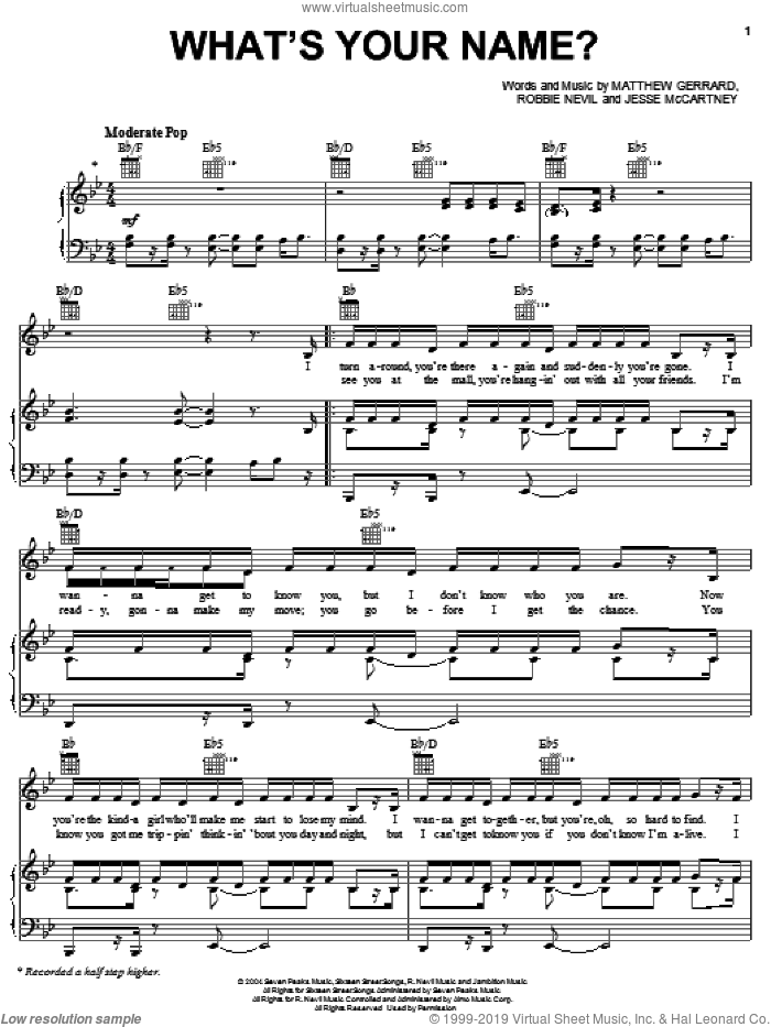 What's Your Name? sheet music for voice, piano or guitar by Jesse McCartney, Matthew Gerrard and Robbie Nevil, intermediate skill level