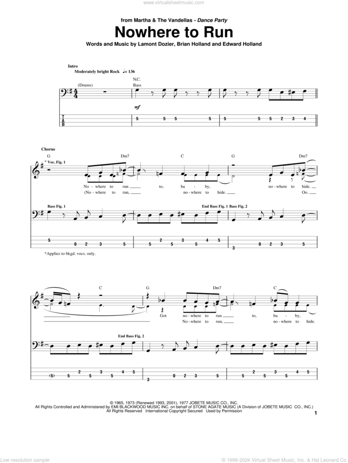 Nowhere To Run sheet music for bass (tablature) (bass guitar) by Martha & The Vandellas, The Isley Brothers, Brian Holland, Eddie Holland and Lamont Dozier, intermediate skill level