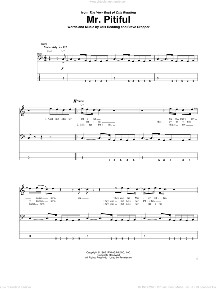Mr. Pitiful sheet music for bass (tablature) (bass guitar) by Otis Redding and Steve Cropper, intermediate skill level