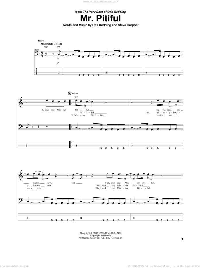 Mr. Pitiful sheet music for bass (tablature) (bass guitar) by Otis Redding and Steve Cropper, intermediate skill level