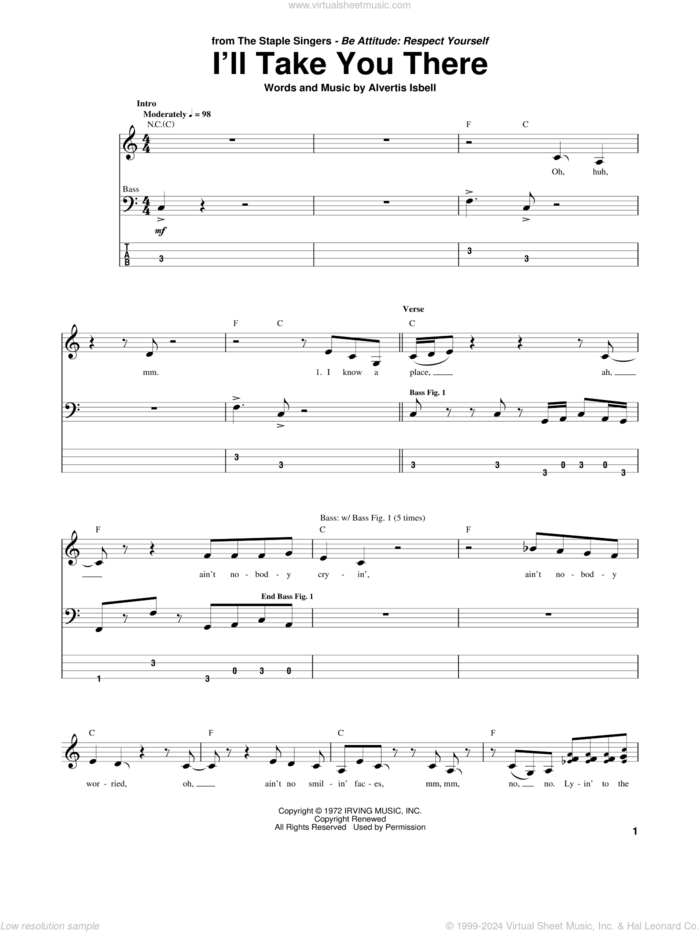 I'll Take You There sheet music for bass (tablature) (bass guitar) by The Staple Singers, BeBe & CeCe Winans and Alvertis Isbell, intermediate skill level