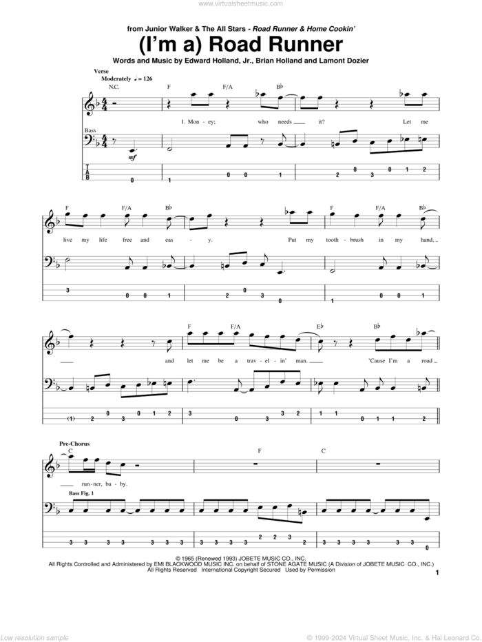 (I'm A) Road Runner sheet music for bass (tablature) (bass guitar) by Junior Walker & the All Stars, Brian Holland, Edward Holland, Jr. and Lamont Dozier, intermediate skill level