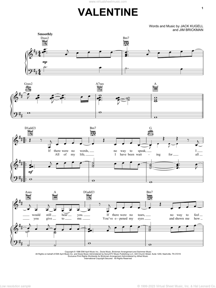 Valentine sheet music for voice, piano or guitar by Jim Brickman with Martina McBride, Martina McBride, Jack Kugell and Jim Brickman, wedding score, intermediate skill level