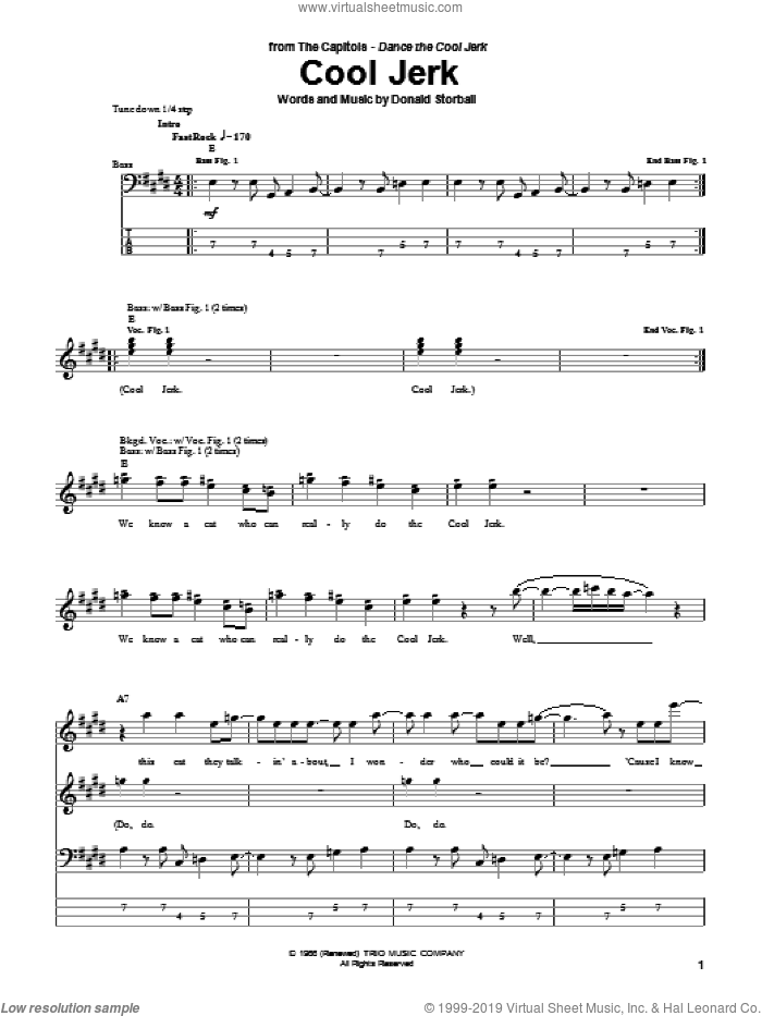 Cool Jerk sheet music for bass (tablature) (bass guitar) by The Capitols and Donald Storball, intermediate skill level