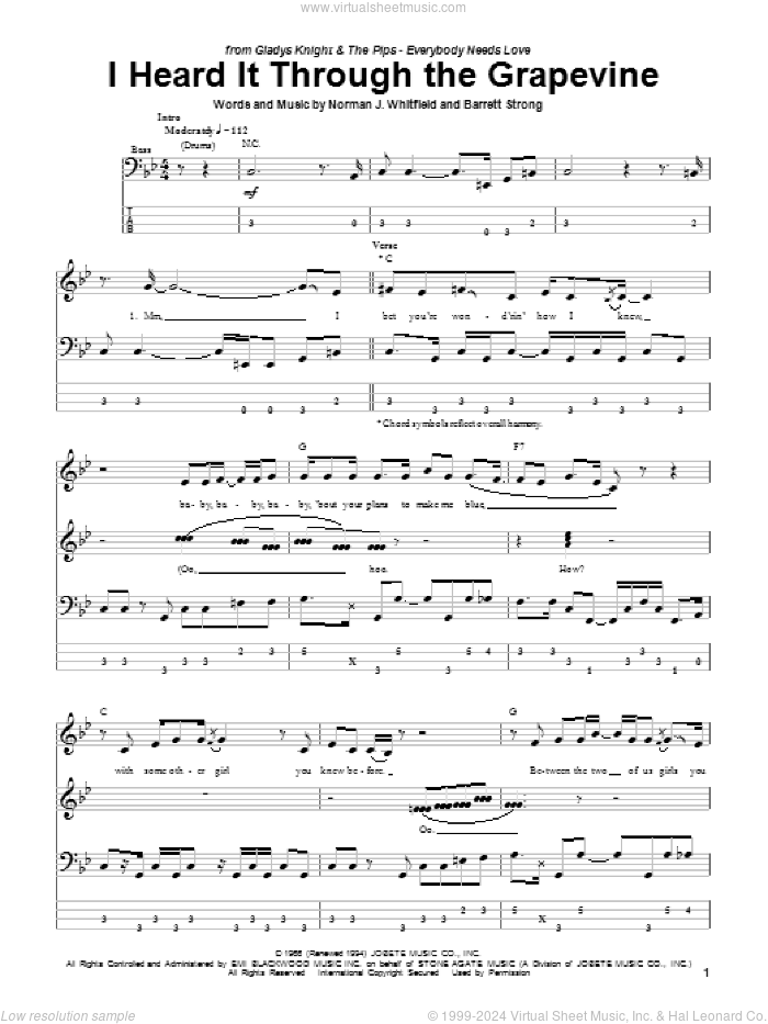 I Heard It Through The Grapevine sheet music for bass (tablature) (bass guitar) by Gladys Knight & The Pips, Marvin Gaye, Michael McDonald, Barrett Strong and Norman Whitfield, intermediate skill level