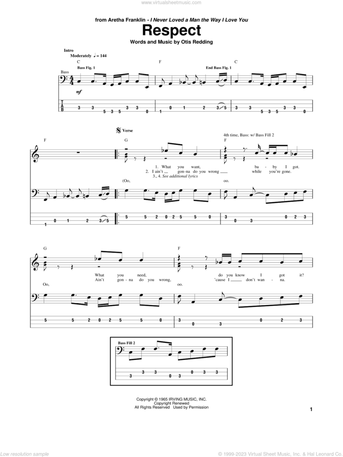 Respect sheet music for bass (tablature) (bass guitar) by Aretha Franklin and Otis Redding, intermediate skill level