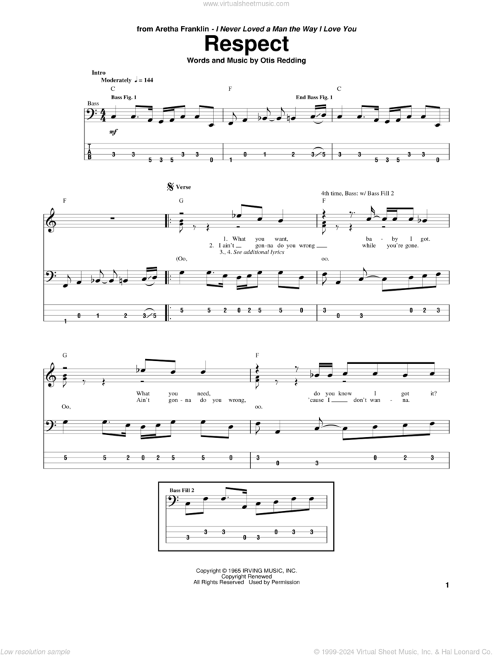 Respect sheet music for bass (tablature) (bass guitar) by Aretha Franklin and Otis Redding, intermediate skill level