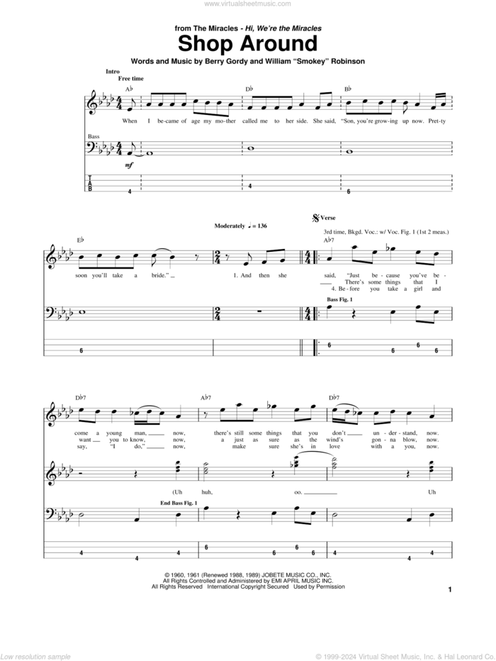 Shop Around sheet music for bass (tablature) (bass guitar) by Smokey Robinson & The Miracles, Captain & Tennille, The Miracles and Berry Gordy, intermediate skill level