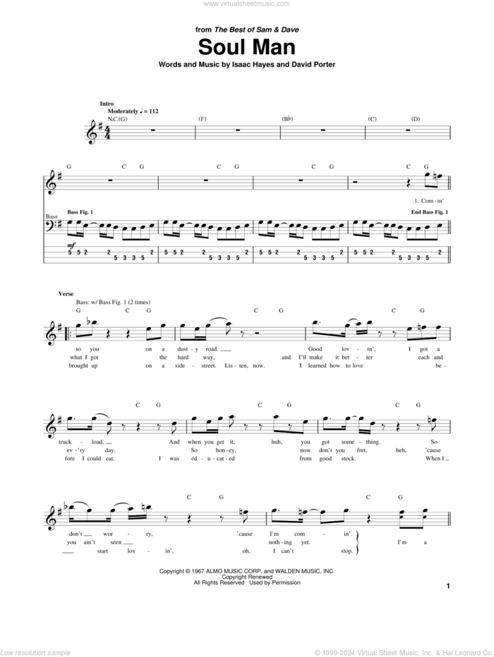 Soul Man sheet music for bass (tablature) (bass guitar) by Sam & Dave, Blues Brothers, David Porter and Isaac Hayes, intermediate skill level