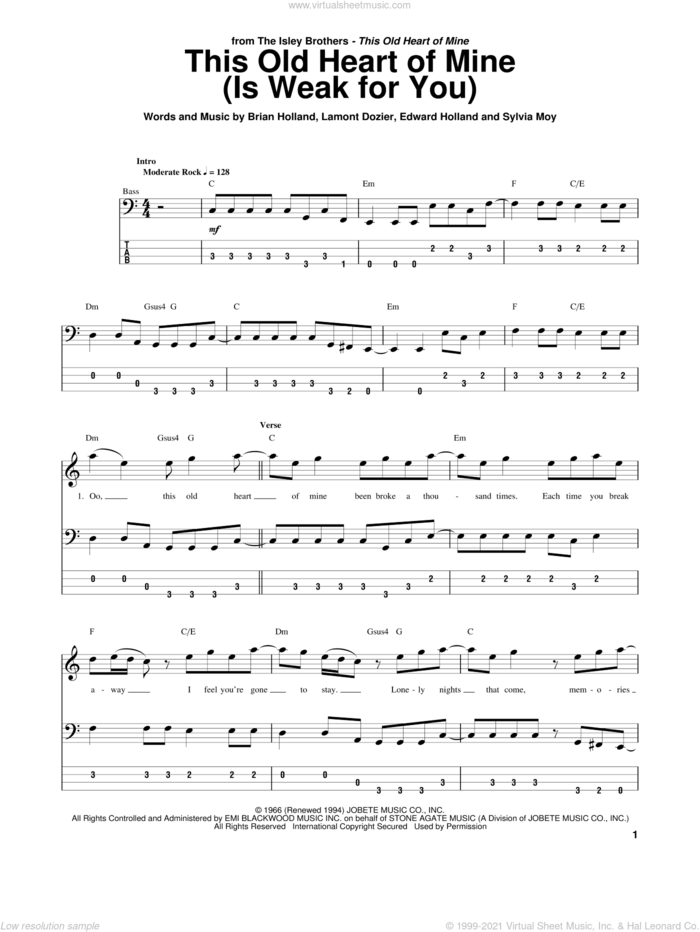 This Old Heart Of Mine (Is Weak For You) sheet music for bass (tablature) (bass guitar) by The Isley Brothers, Delroy Wilson, Rod Stewart, Brian Holland, Eddie Holland, Lamont Dozier and Sylvia Moy, intermediate skill level