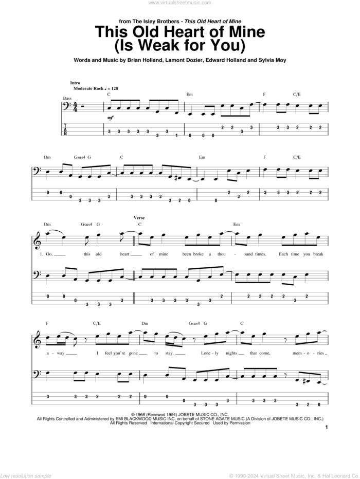 This Old Heart Of Mine (Is Weak For You) sheet music for bass (tablature) (bass guitar) by The Isley Brothers, Delroy Wilson, Rod Stewart, Brian Holland, Eddie Holland, Lamont Dozier and Sylvia Moy, intermediate skill level