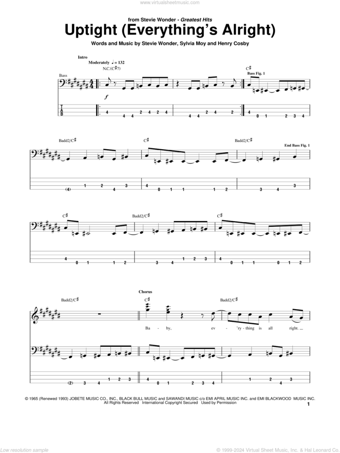 Uptight (Everything's Alright) sheet music for bass (tablature) (bass guitar) by Stevie Wonder, Ramsey Lewis, Henry Cosby and Sylvia Moy, intermediate skill level