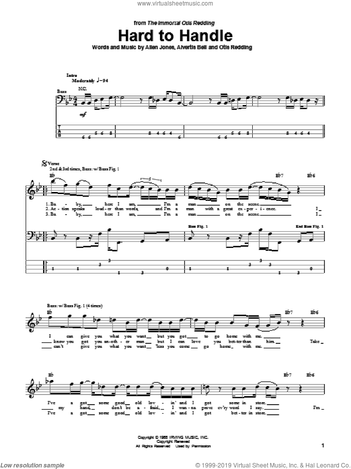 Hard To Handle sheet music for bass (tablature) (bass guitar) by Otis Redding, The Black Crowes, Allen Jones and Alvertis Bell, intermediate skill level