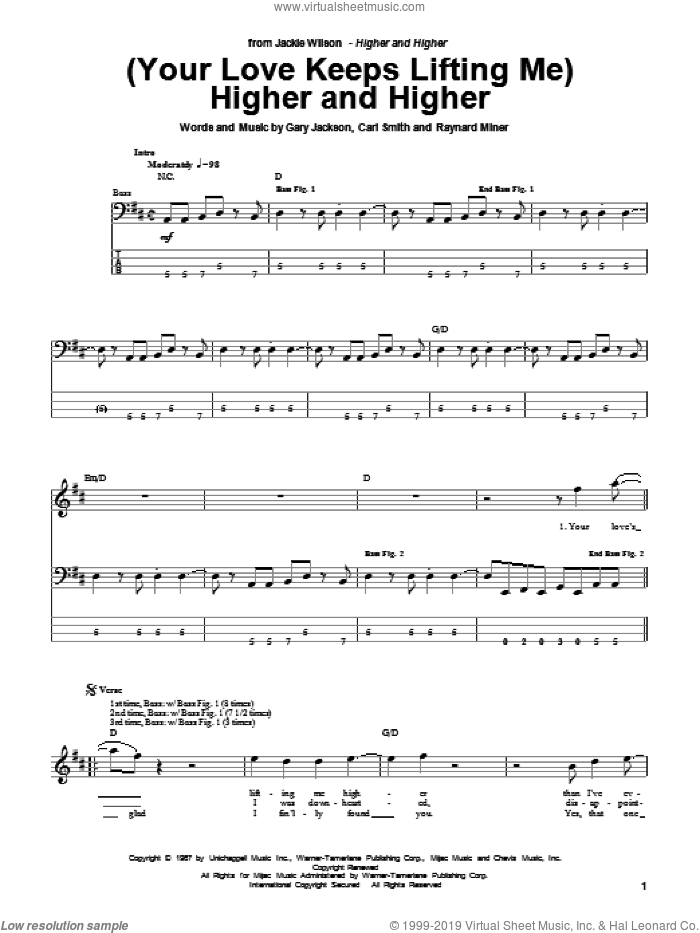 (Your Love Keeps Lifting Me) Higher And Higher sheet music for bass (tablature) (bass guitar) by Jackie Wilson, Rita Coolidge, Carl Smith, Gary Jackson and Raynard Miner, intermediate skill level