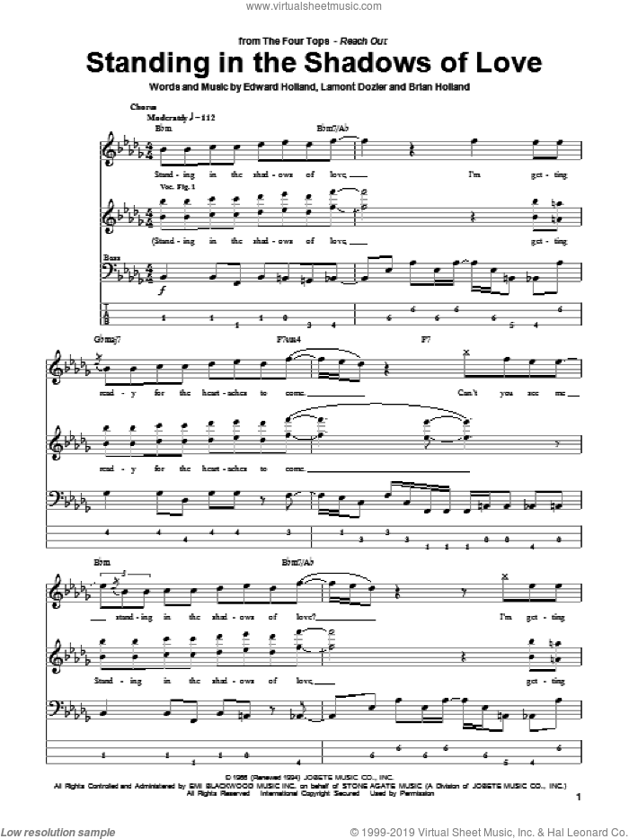 Standing In The Shadows Of Love sheet music for bass (tablature) (bass guitar) by The Four Tops, Brian Holland, Eddie Holland and Lamont Dozier, intermediate skill level
