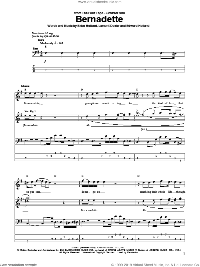 Bernadette sheet music for bass (tablature) (bass guitar) by The Four Tops, Brian Holland, Eddie Holland and Lamont Dozier, intermediate skill level