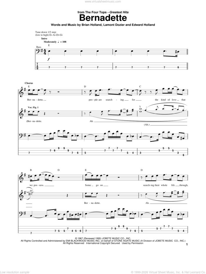 Bernadette sheet music for bass (tablature) (bass guitar) by The Four Tops, Brian Holland, Eddie Holland and Lamont Dozier, intermediate skill level