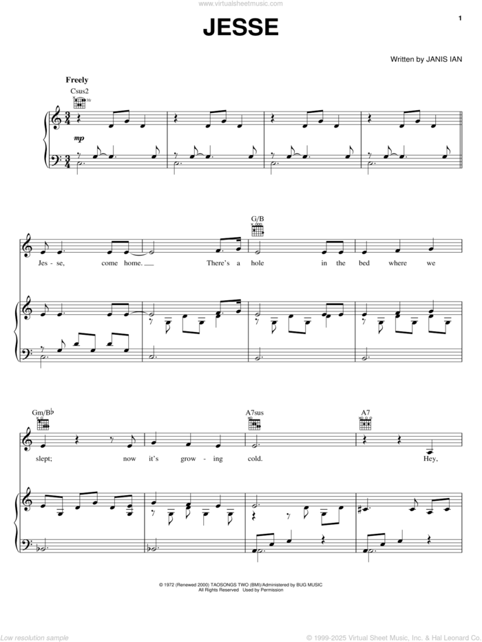 Jesse sheet music for voice, piano or guitar by Janis Ian and Joan Baez, intermediate skill level