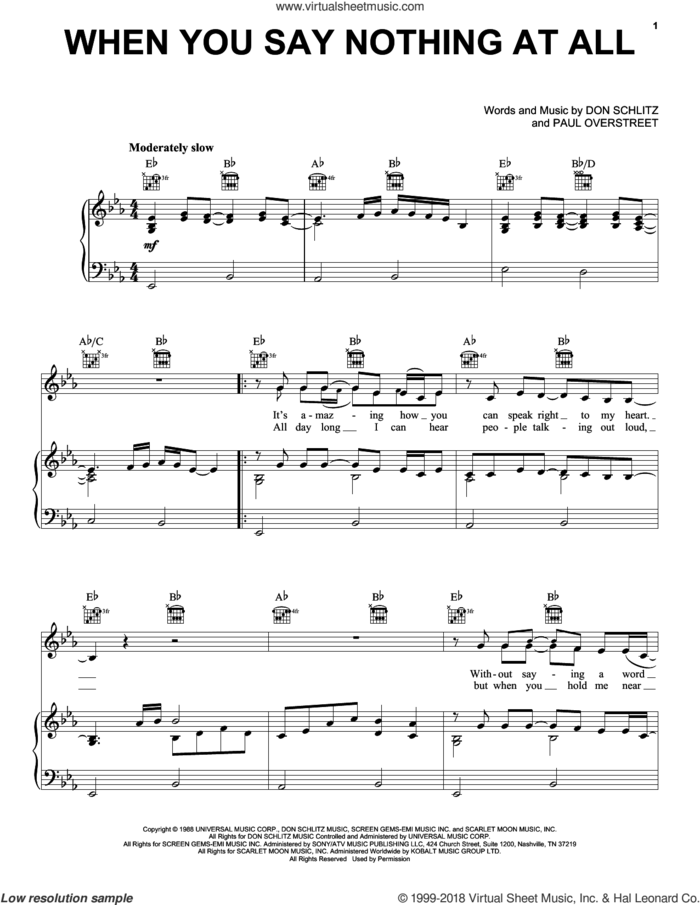 When You Say Nothing At All sheet music for voice, piano or guitar by Alison Krauss & Union Station, Alison Krauss, Keith Whitley, Don Schlitz and Paul Overstreet, wedding score, intermediate skill level