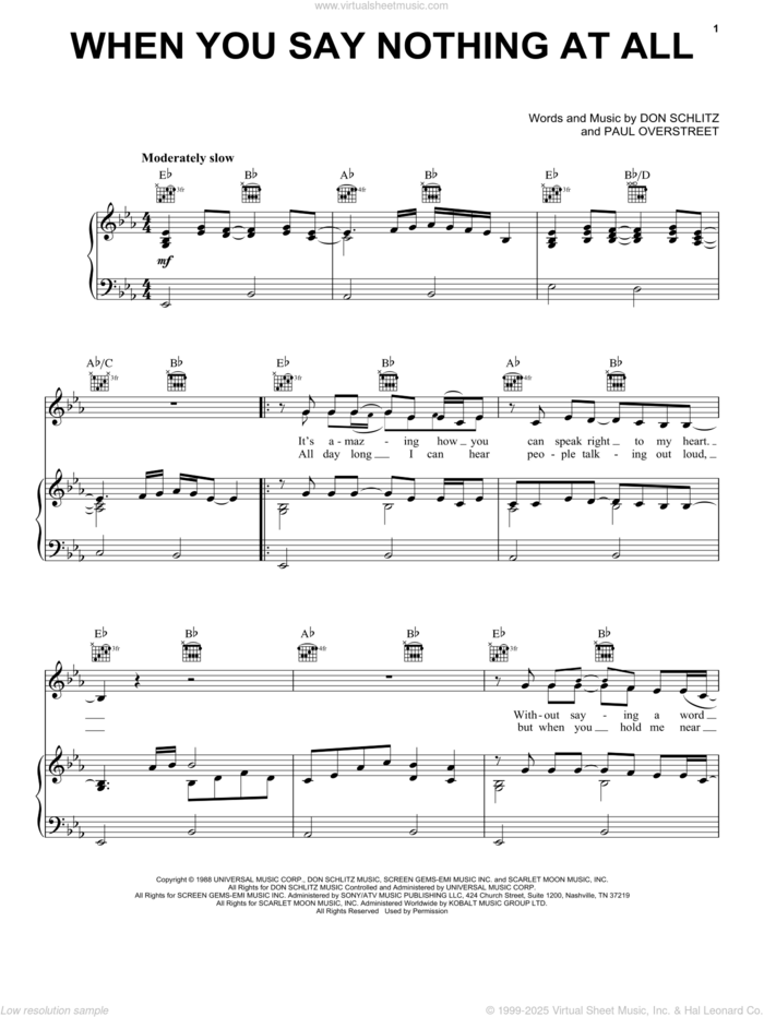 When You Say Nothing At All sheet music for voice, piano or guitar by Alison Krauss & Union Station, Alison Krauss, Keith Whitley, Don Schlitz and Paul Overstreet, wedding score, intermediate skill level