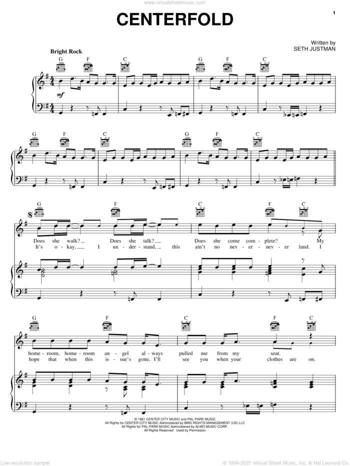 Centerfold sheet music for voice, piano or guitar by J. Geils Band and Seth Justman, intermediate skill level